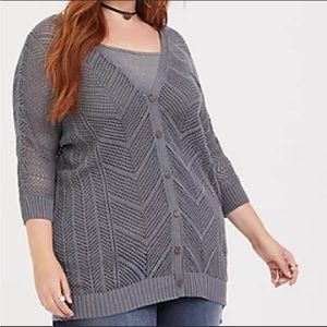 TORRID POINTELLE BOYFRIEND CARDIGAN SWEATER Grey plus size 2